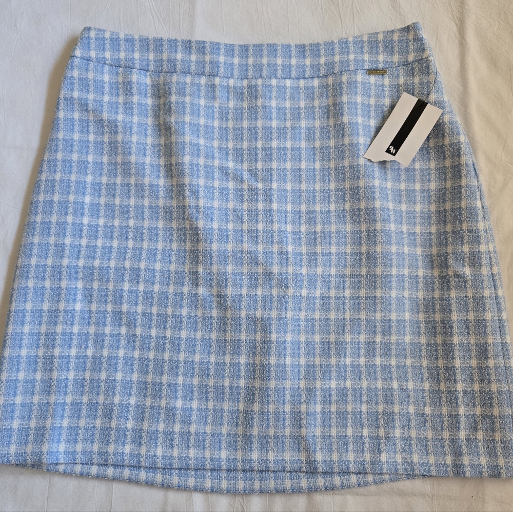 NWT Nine West Blue and White and Blue Plaid Lined Skirt Size Large